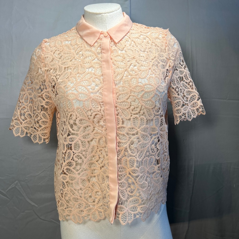 Zara Basic Lace Blouse Womens‎ S Peach Satin Collar Button Up Short Sleeve Top